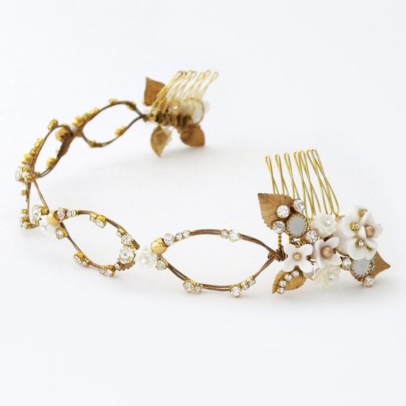 Erin Cole Bride Hair Accessory, Gold Oval Loop Headband with Flower Clusters NWT